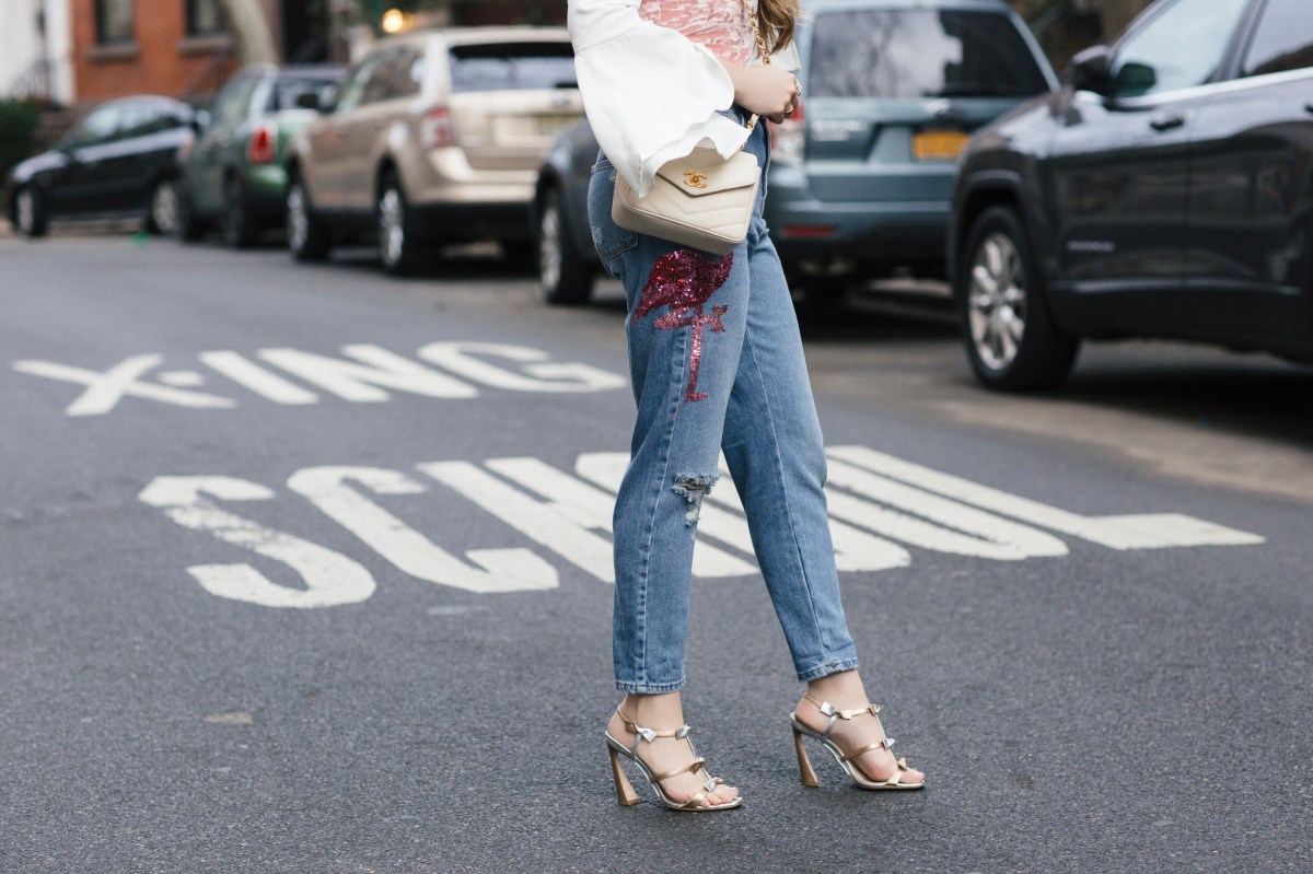 Flamingo Palm Tree Sequin Jean and Metallic Bow Shoes 1